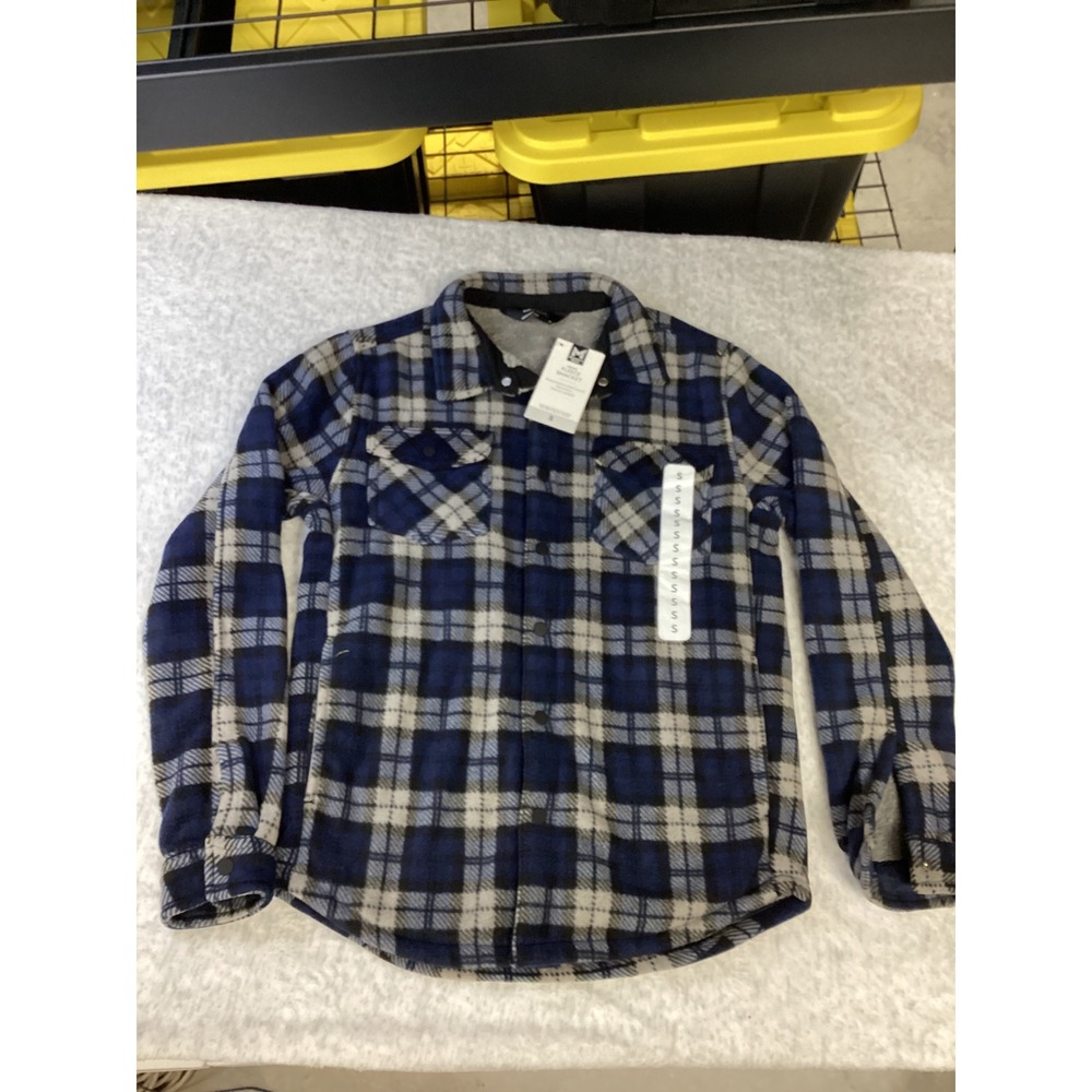 Members Mark Mens Fleece Shacket Sherpa Lined Plaid Shirt Jacket Blue Grey Small